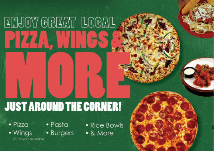 D'sign Pizza menu spread – pizzas, burgers, wings and more