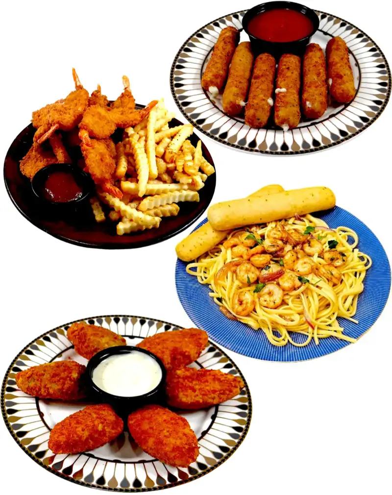 Plates with different foods like Mozzarella sticks and shrimp pasta